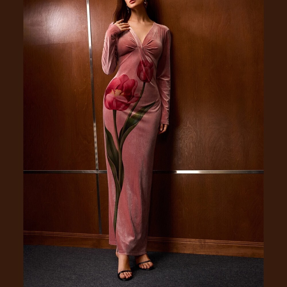 Dusty Rose Velvet Tulip Print Twist Front Long Sleeve Maxi Dress